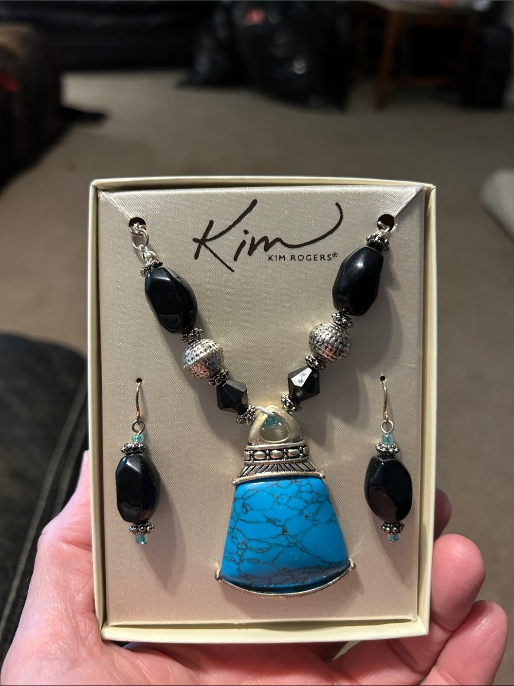 Kim Rogers Turquoise and Black Statement Necklace with Matching Earrings